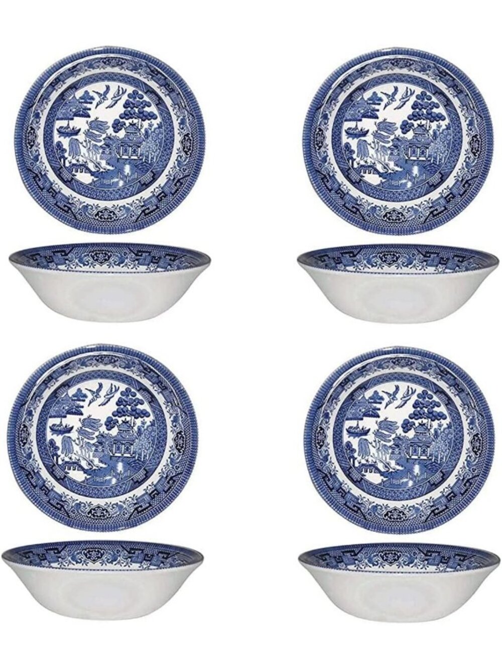 Set of 4 Blue Willow Oatmeal Bowls, 6-Inch, Vintage English Ceramic Dinnerware